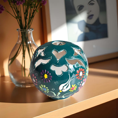 Orb design ceramic tealight candle holder handmade, artisan hand-painted round ceramic lantern for home décor, fits real tealight or LED candles