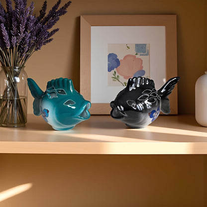 Fish design ceramic tealight candle holder handmade, artisan hand-painted ceramic lantern for home décor, works with real tealight or LED candles