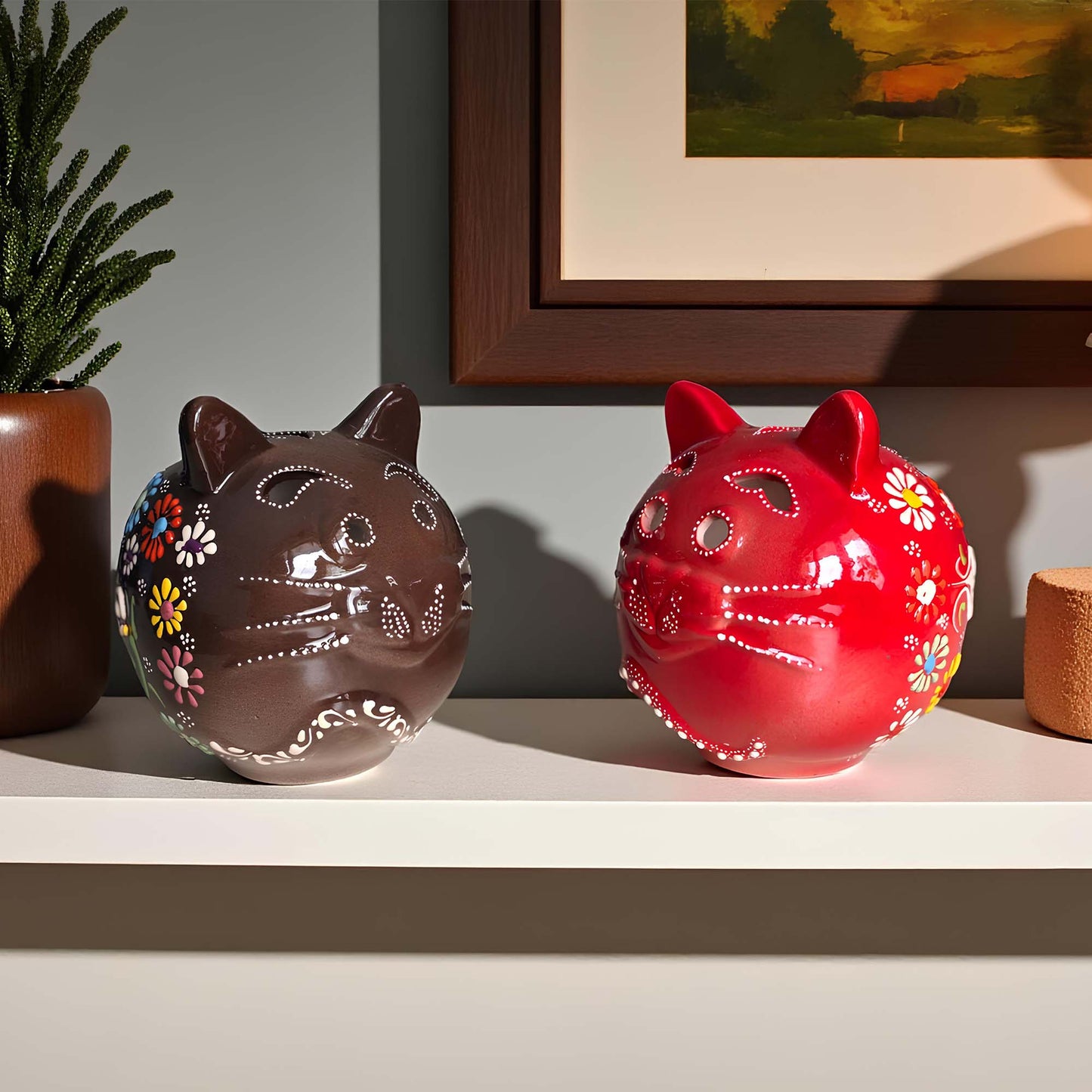 Cat design ceramic tealight candle holder handmade, hand-painted lantern for home décor, artisan ceramic candle holder for real or LED tealight candles