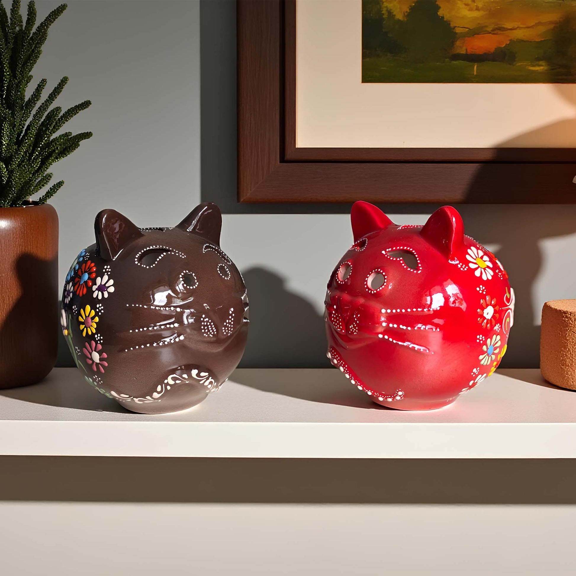 Cat design ceramic tealight candle holder handmade, hand-painted lantern for home décor, artisan ceramic candle holder for real or LED tealight candles