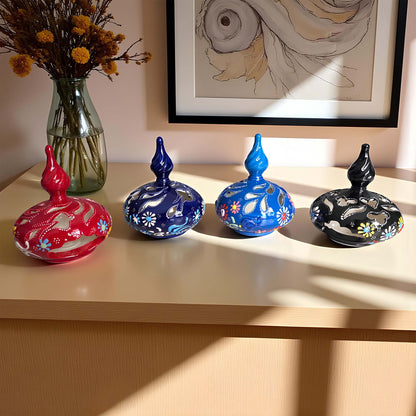 Minaret design ceramic tealight candle holder handmade, artisan hand-painted ceramic lantern for home décor, fits real tealight or LED candles