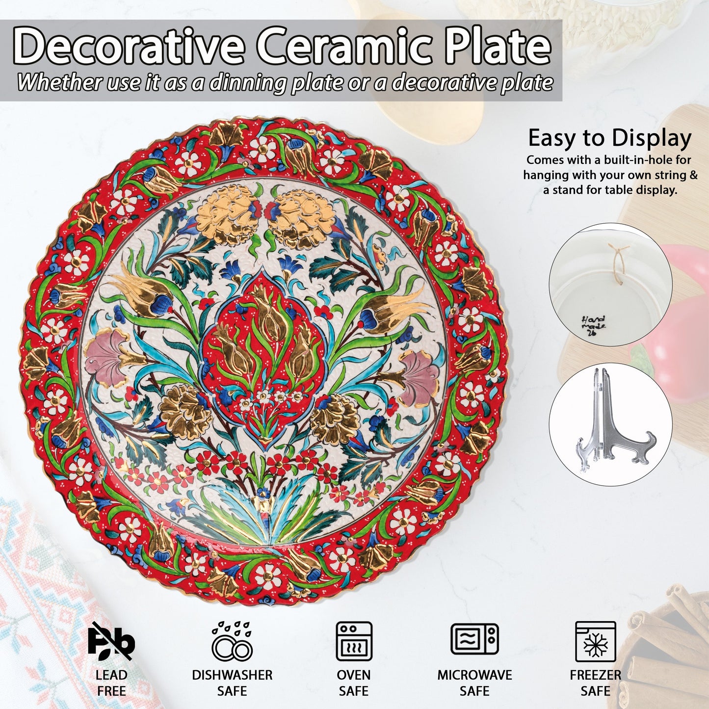 Ceramic Decorative Plate, Ottoman Bloom Decorative Plate, Decorative Golden Plate