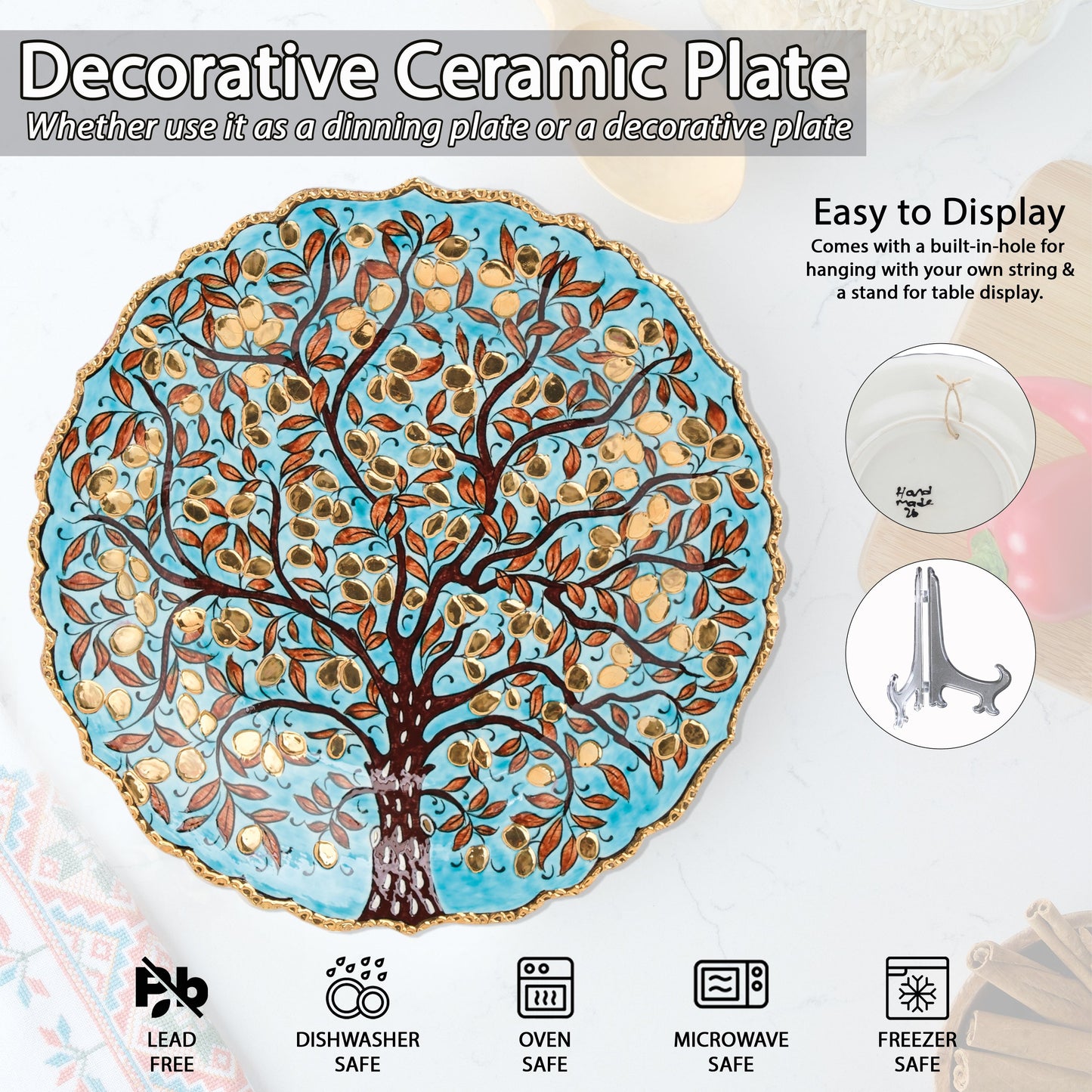 Ceramic Decorative Plate, Prosperity Tree Decorative Plate, Decorative Golden Plate