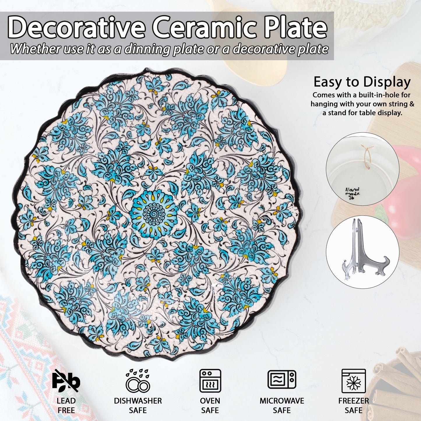 Ceramic Decorative Plate, Turquoise Bloom Decorative Plate