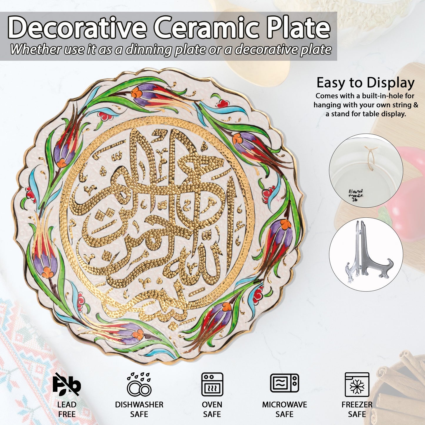 Ceramic Decorative Plate, Divine Script Decorative Plate, Decorative Golden Plate