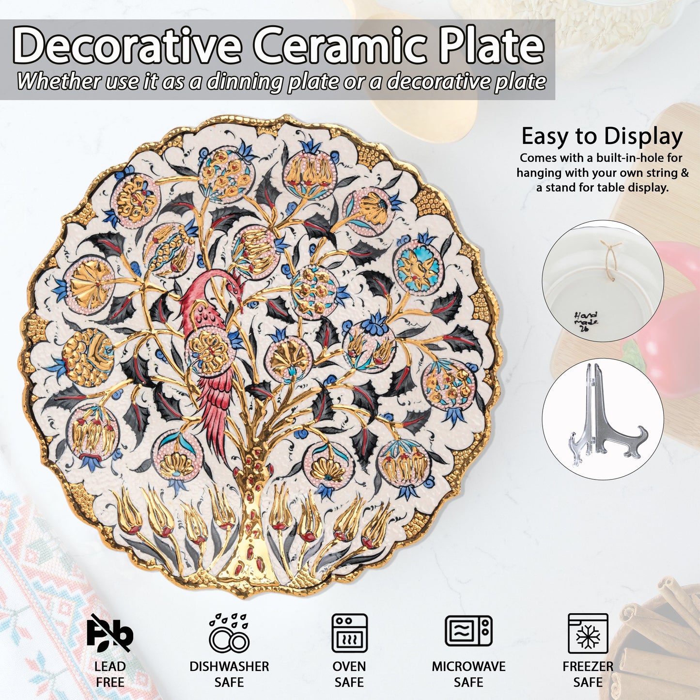 Ceramic Decorative Plate, Eternal Blossom Decorative Plate, Decorative Golden Plate