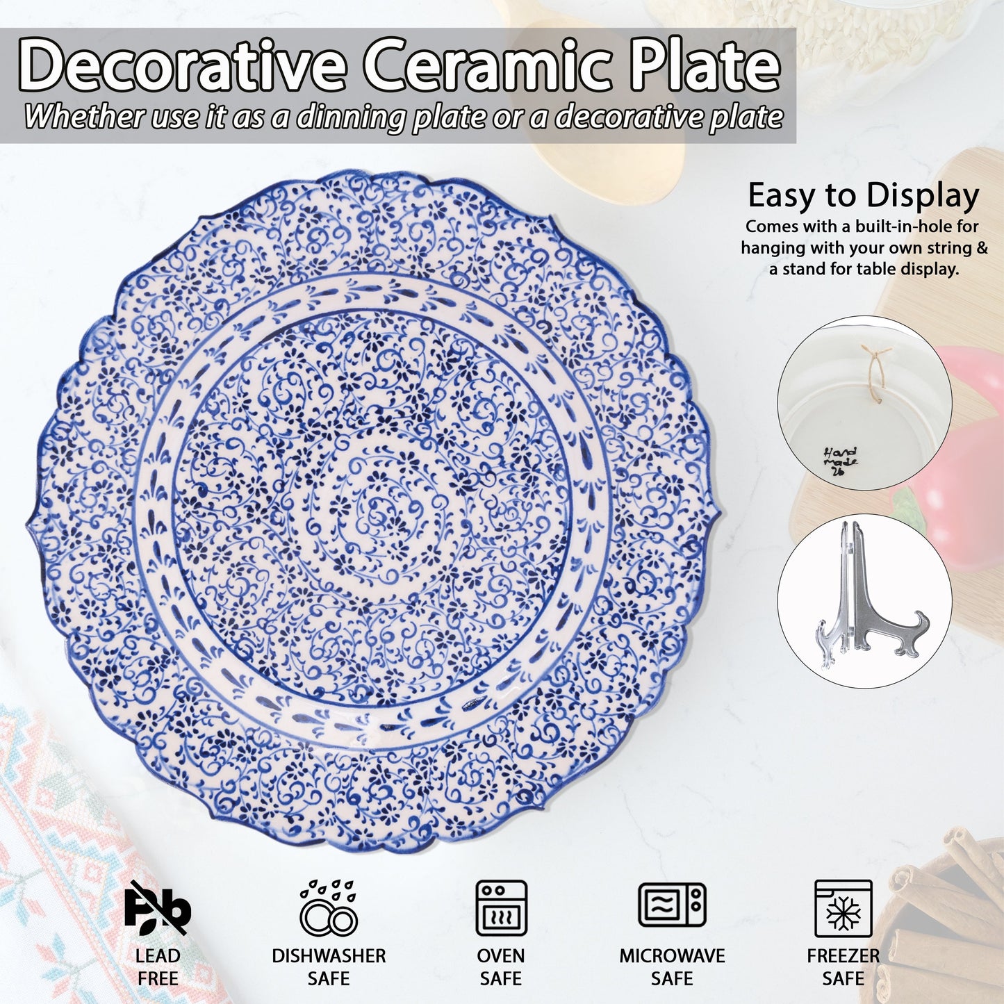 Ceramic Decorative Plate, Sapphire Vine Decorative Plate