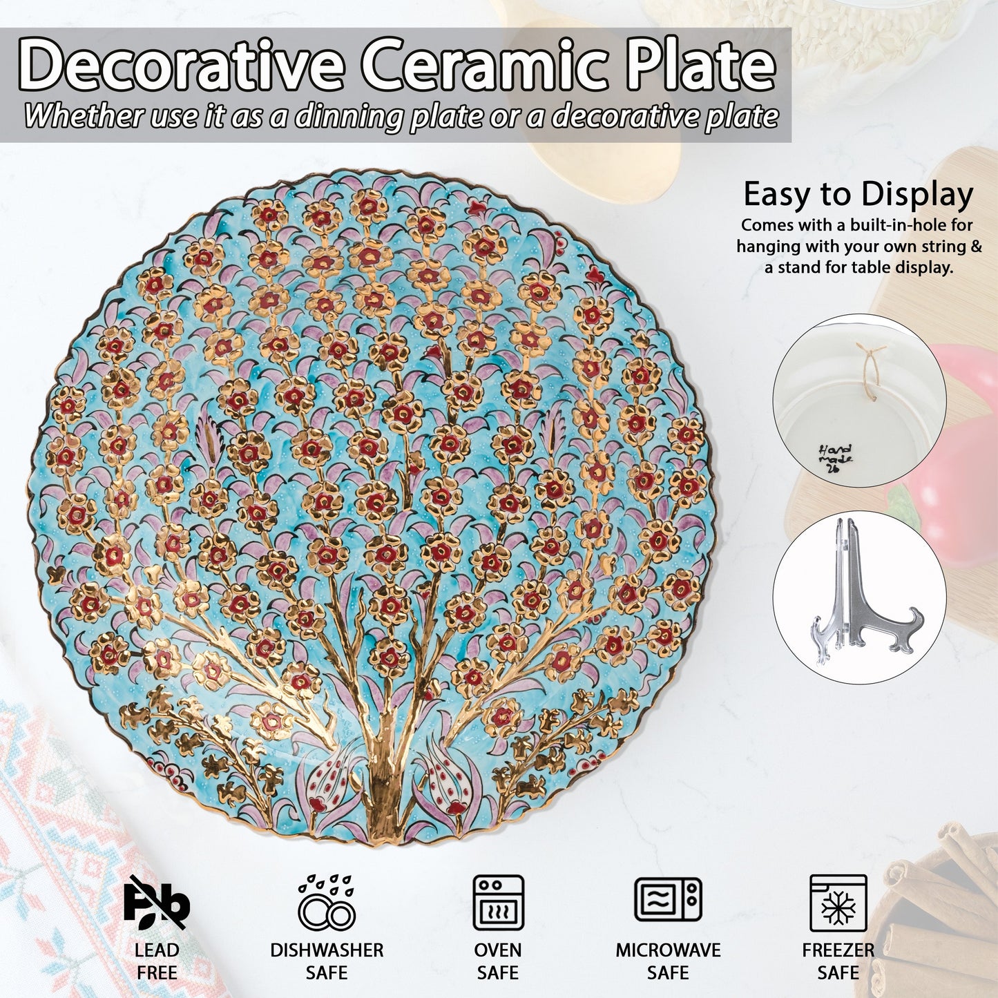 Ceramic Decorative Plate, Floral Canopy Decorative Plate, Decorative Golden Plate