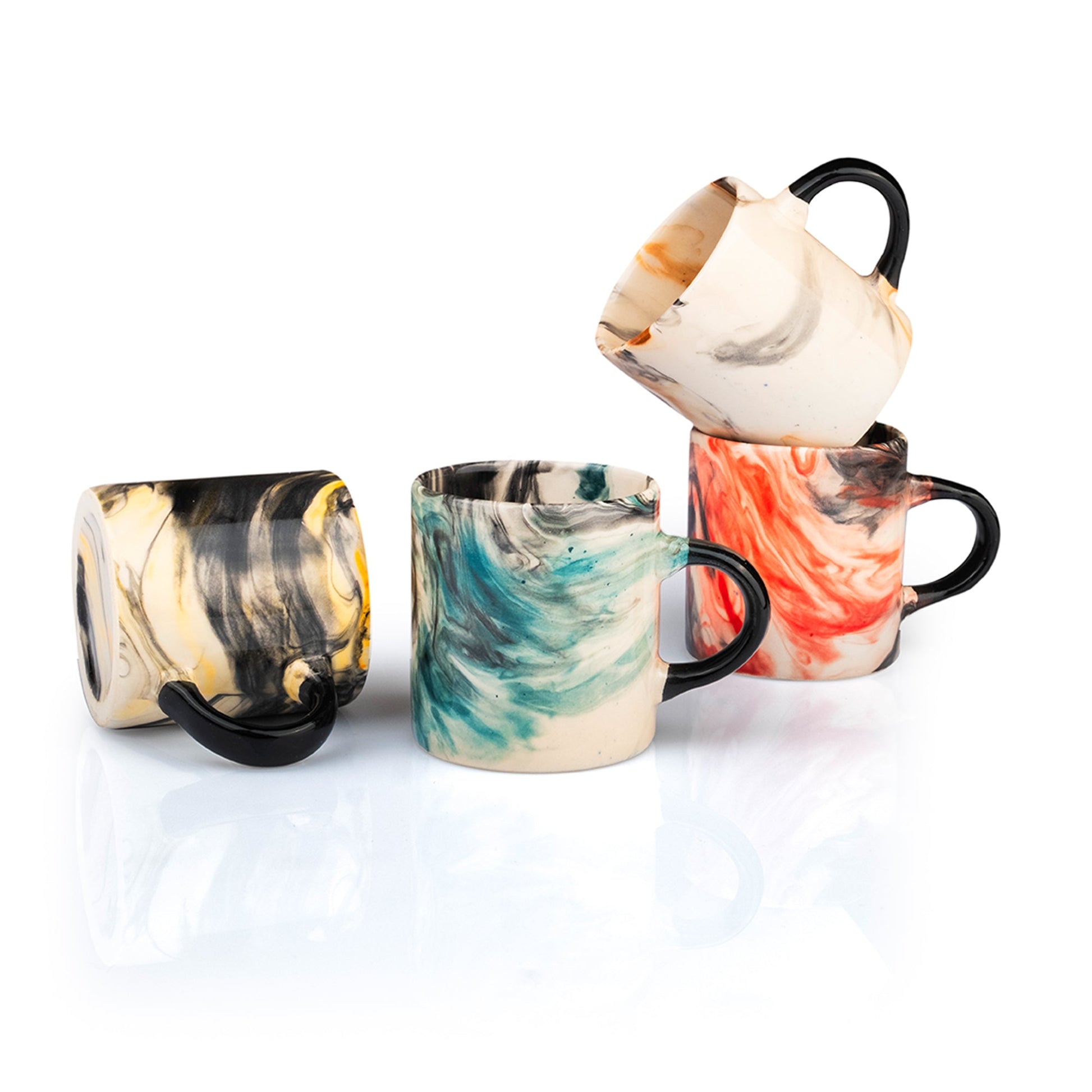 A set of four ceramic espresso cups with a marbled pattern in black, white, blue, and red colors, displayed in a stacked arrangement.