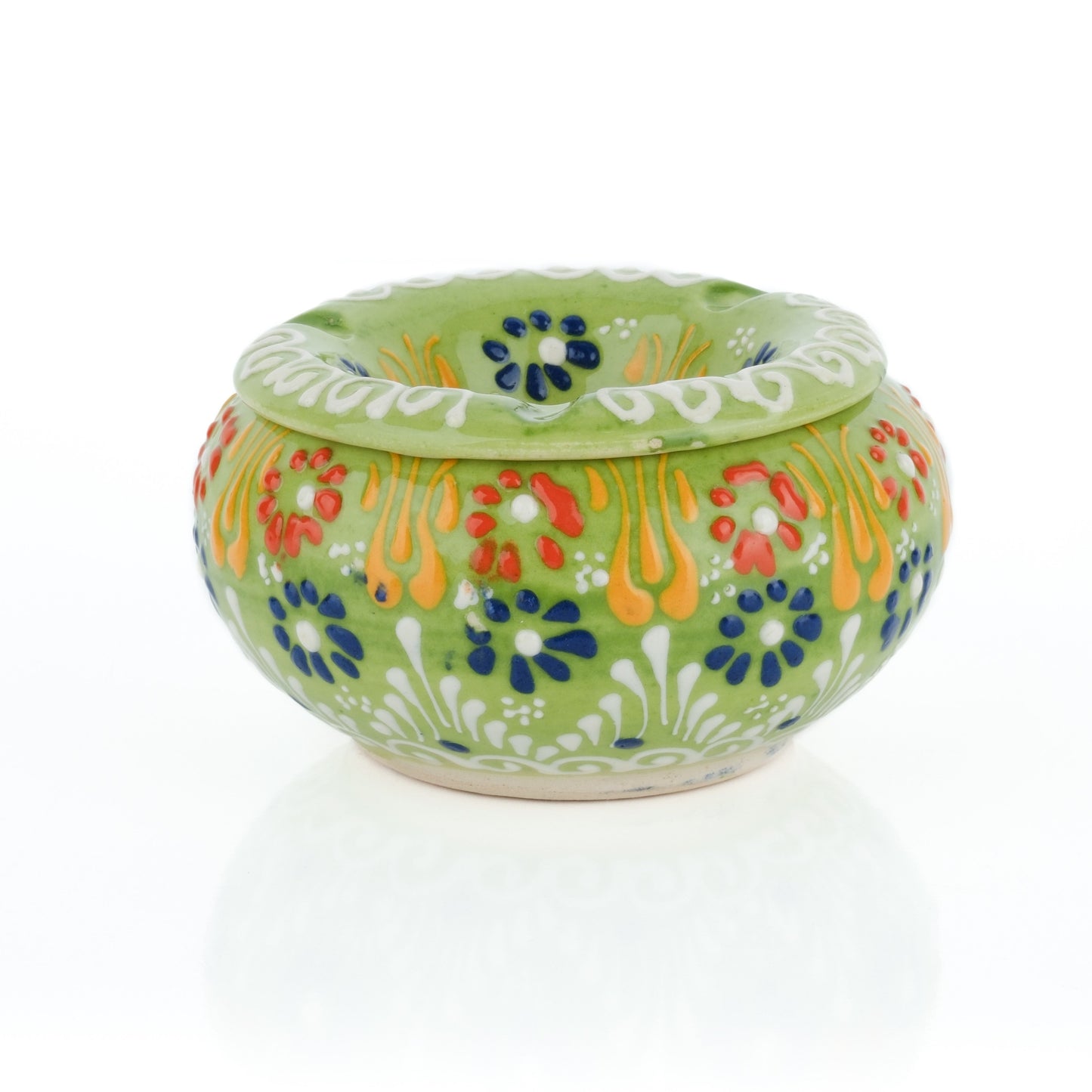 Decorative ceramic ashtray with colorful patterns on a white background