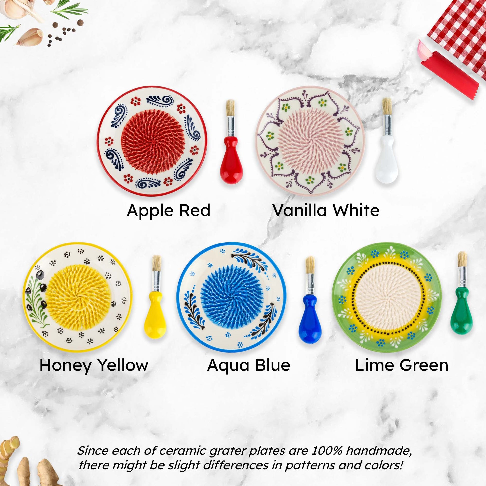 Set of ceramic grater plates in various colors with corresponding color names and a marble background.