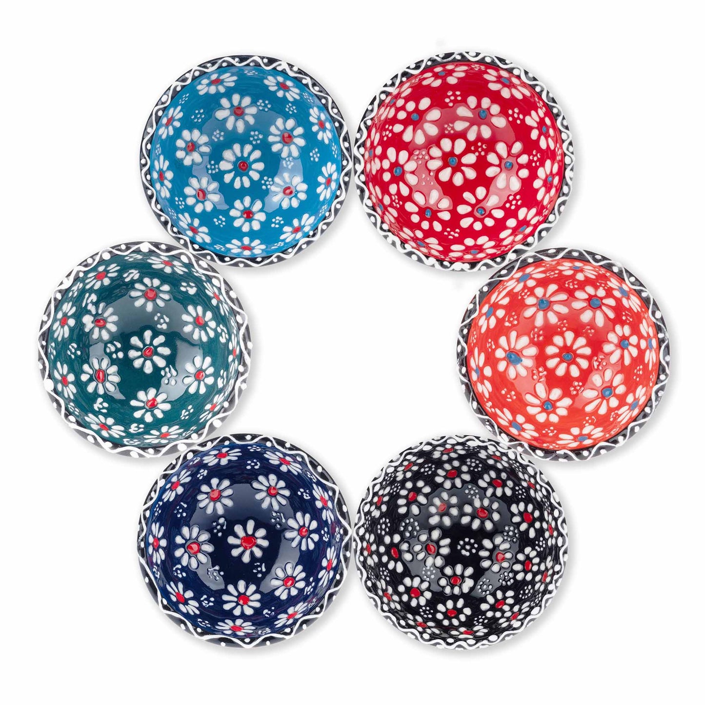 Set of six small ceramic bowls with floral patterns in blue, red, green, and black on a white background.