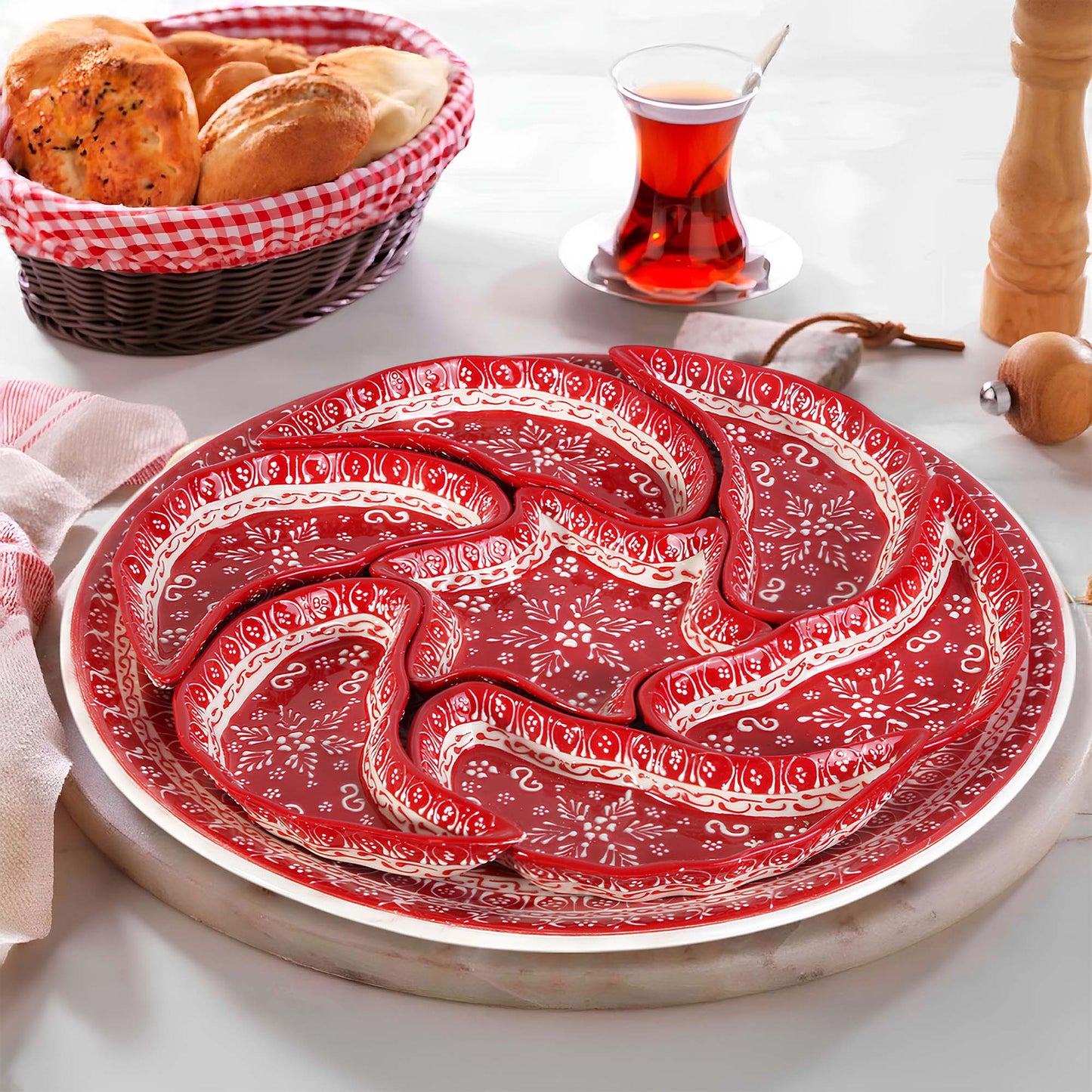 Hand-painted red Turkish ceramic serving tray set, 8-piece platter for snacks, appetizers, dips, and desserts, festive dining table centerpiece