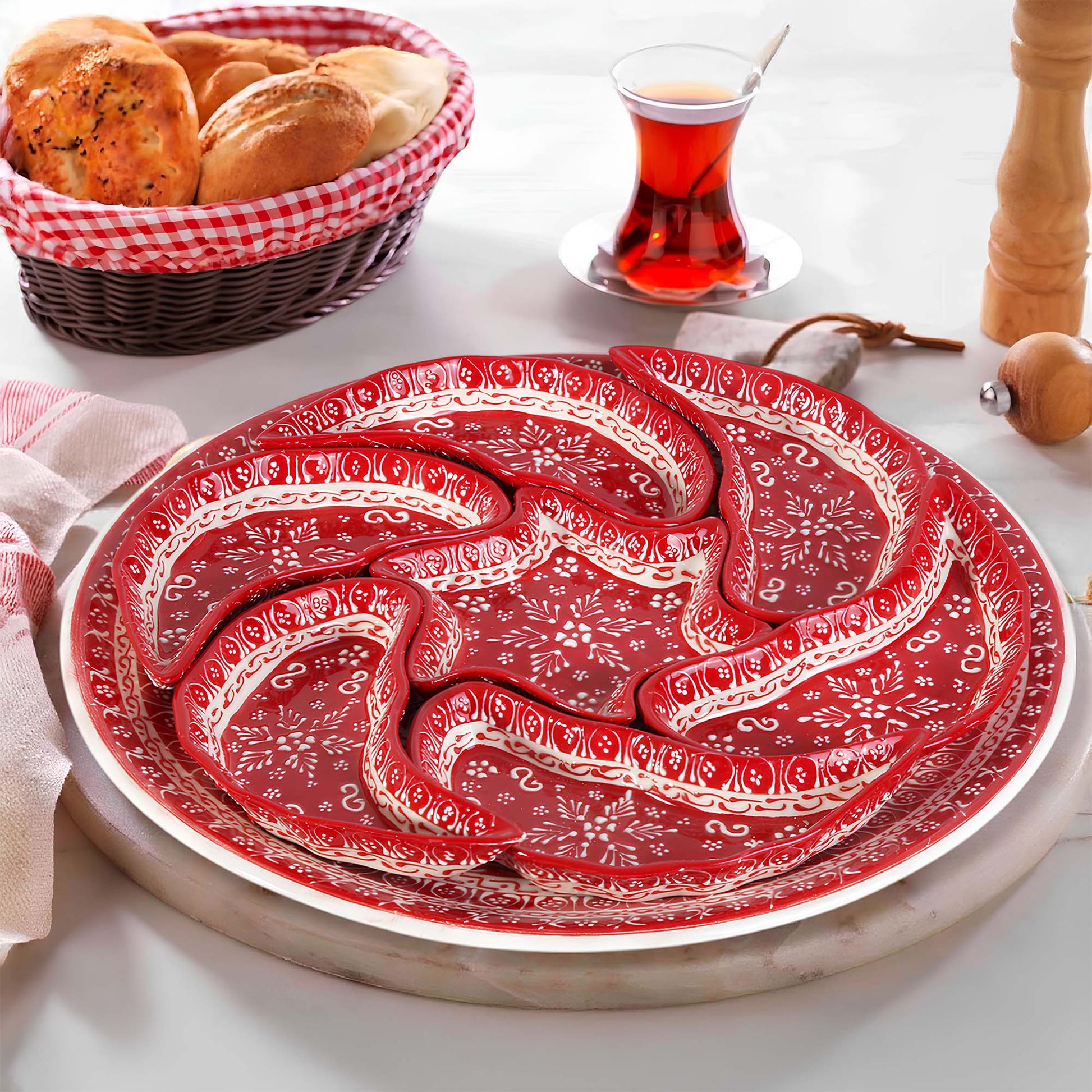 Hand-painted red Turkish ceramic serving tray set, 8-piece platter for snacks, appetizers, dips, and desserts, festive dining table centerpiece