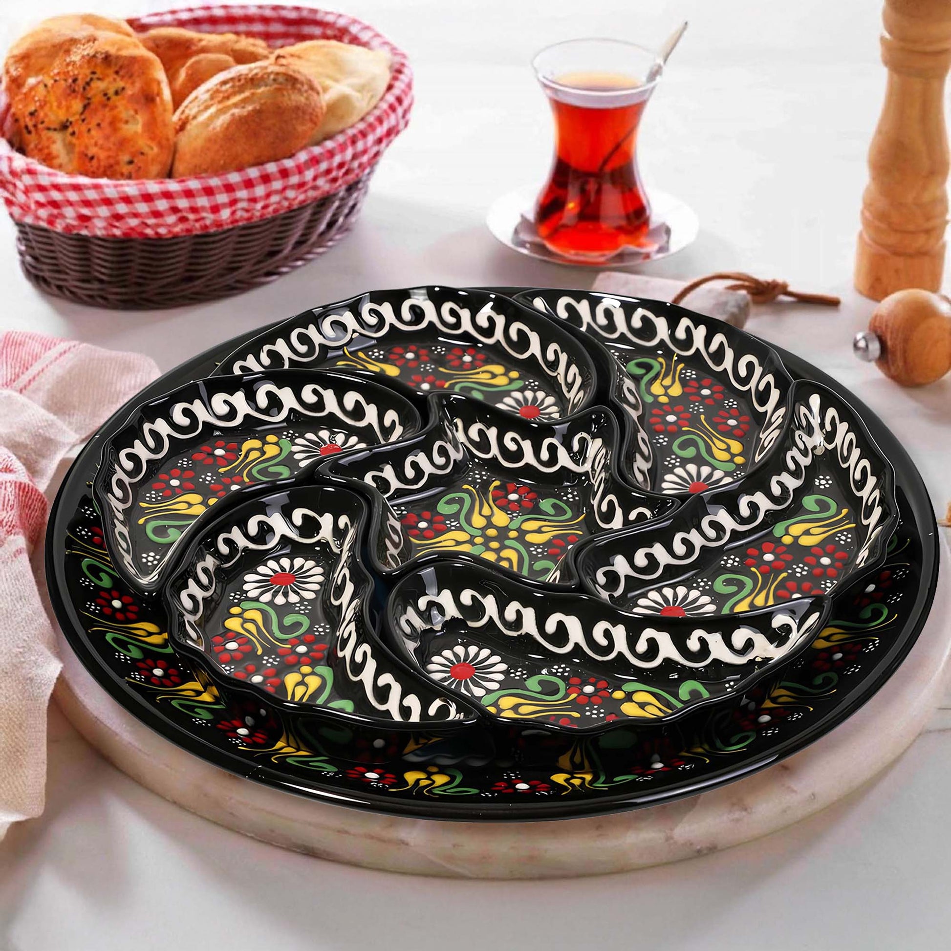 Green Turkish floral ceramic snack serving tray set, 8-piece handmade platter with red, yellow, and white motifs, artisan appetizer dish set