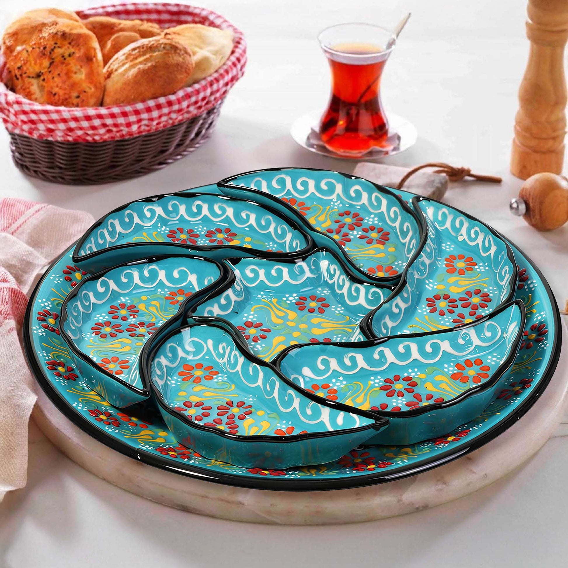 Turquoise Turkish floral ceramic snack serving tray set, 8-piece handmade platter with red and yellow floral motifs, artisan appetizer dish set