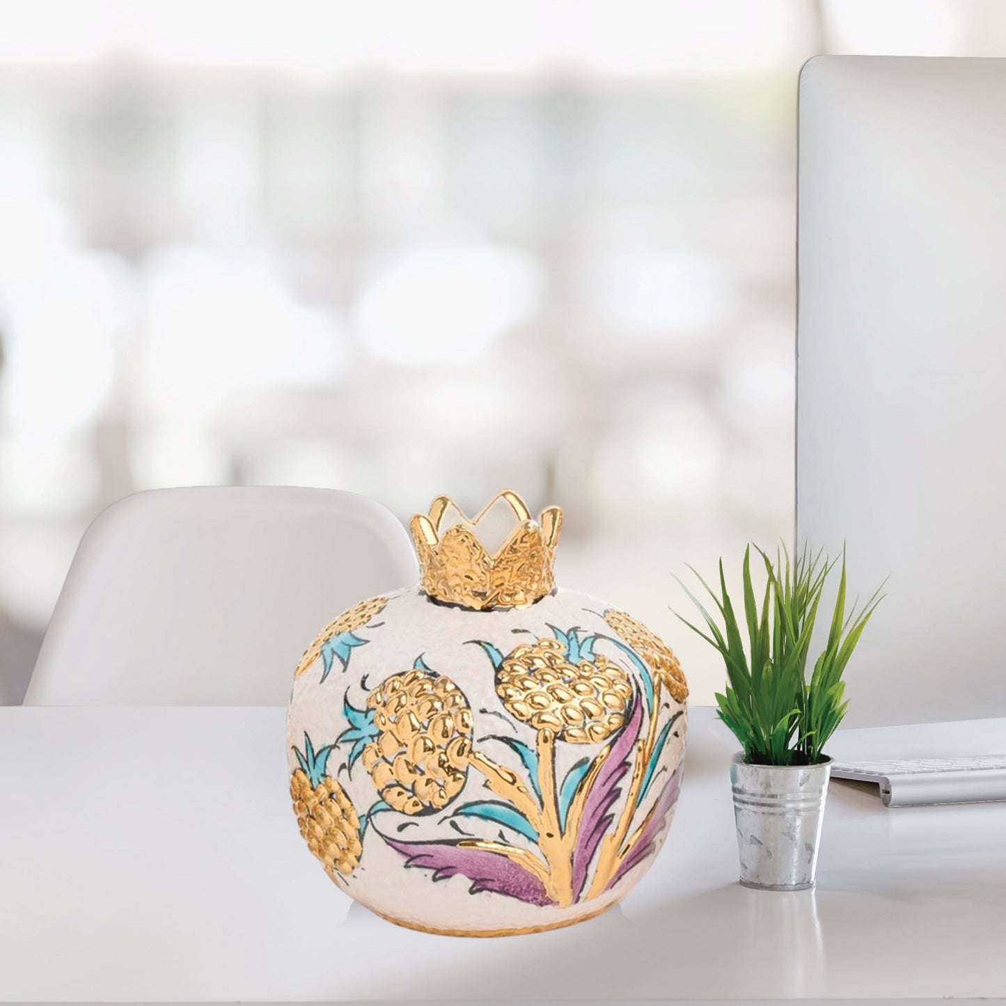 Handmade Ceramic Pomegranate Vase, Golden Vase Home Decor