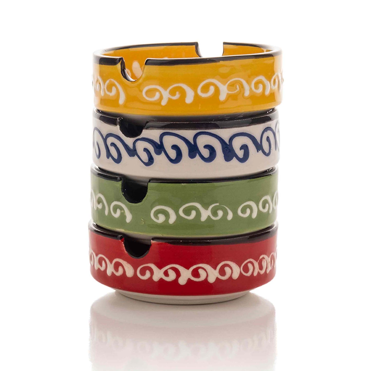 Stack of colorful ceramic ashtrays with decorative patterns on a white background