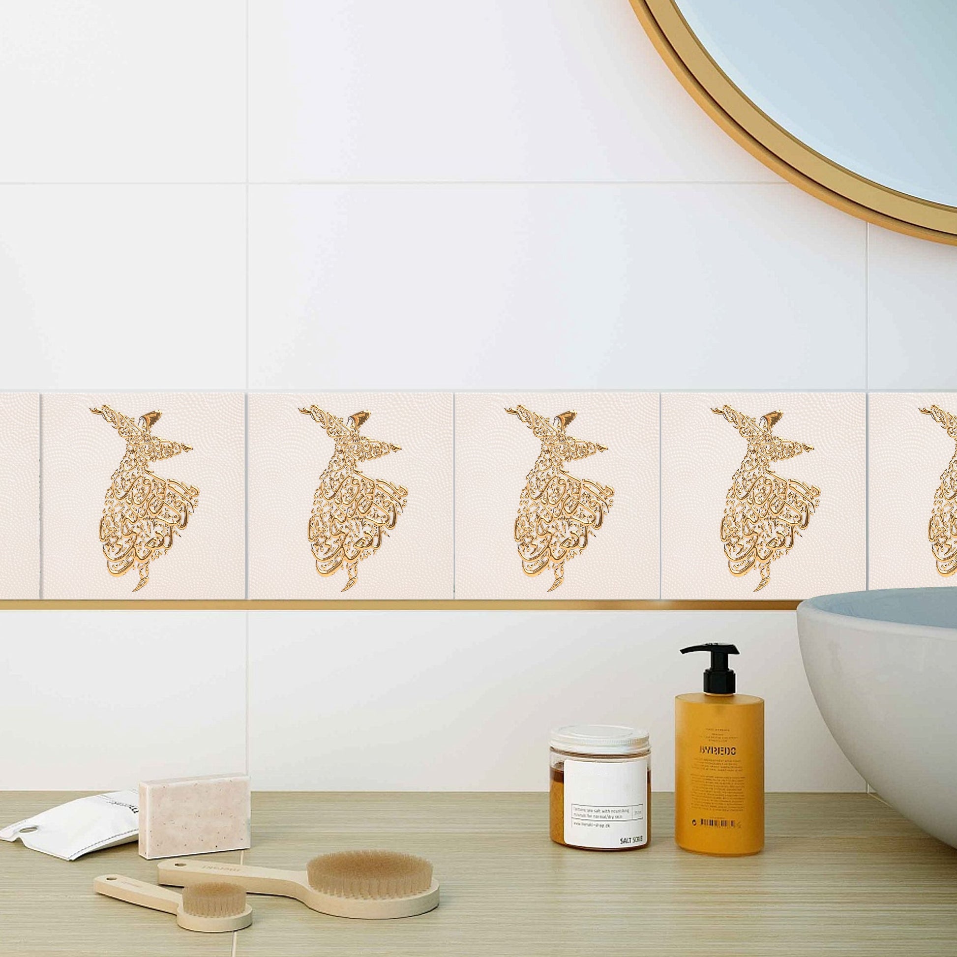 Bathroom with decorative ceramic tiles and toiletries on a counter