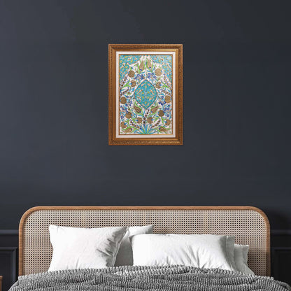 Framed decorative ceramic tile above a bed with a dark wall background