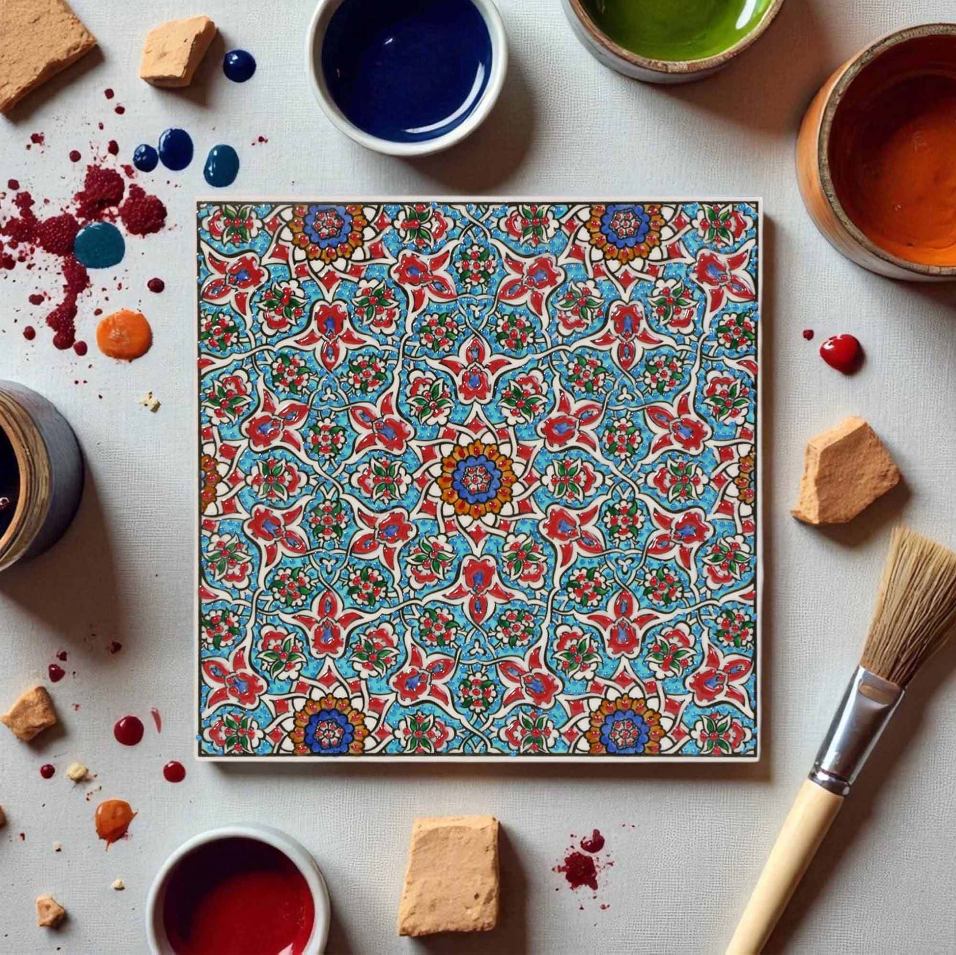 Colorful ceramic tile with intricate pattern surrounded by painting supplies on a light surface