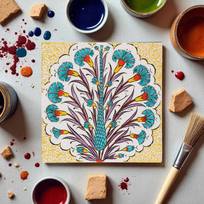 Decorative ceramic tile with floral design surrounded by paint containers and a brush on a light surface.