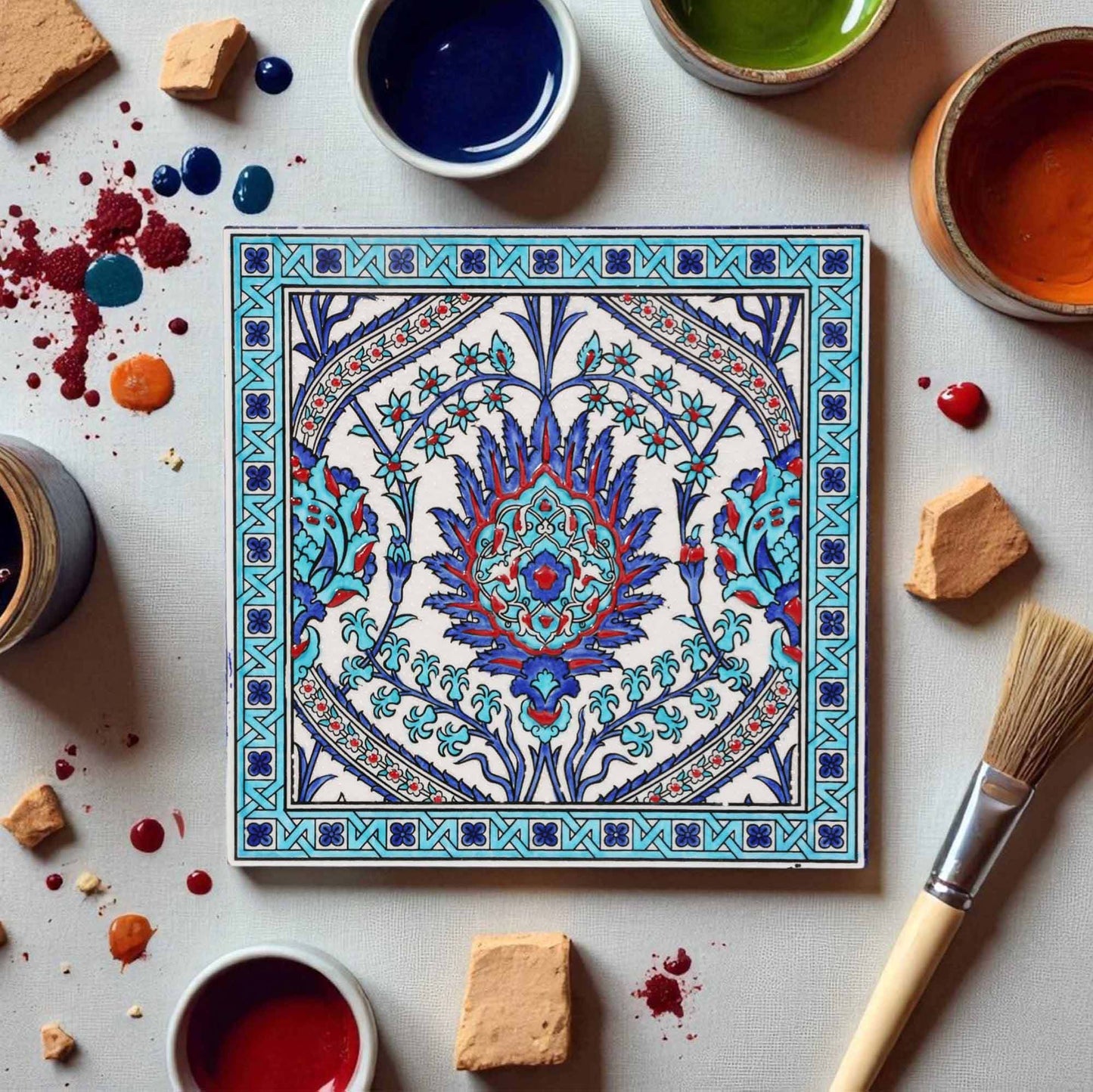 Decorative ceramic tile with intricate patterns surrounded by painting supplies on a light surface.