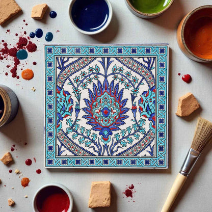 Decorative ceramic tile with intricate patterns surrounded by painting supplies on a light surface.