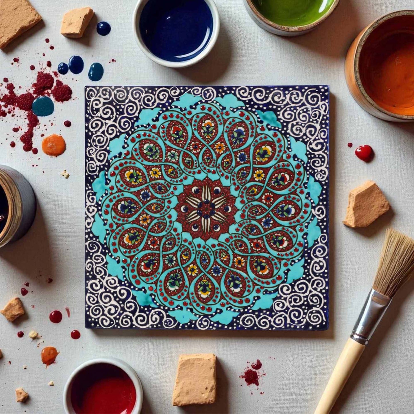 Colorful mandala ceramic tile on a white surface with paint containers and a brush.