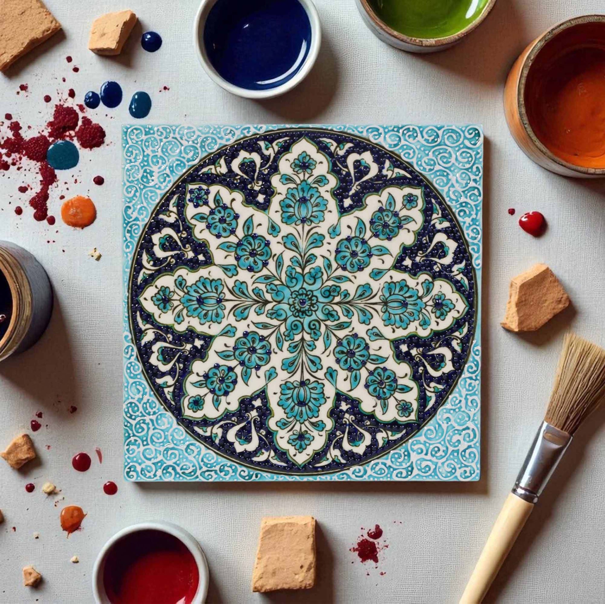 Decorative ceramic tile with intricate blue and white pattern on a table with paint containers and tools