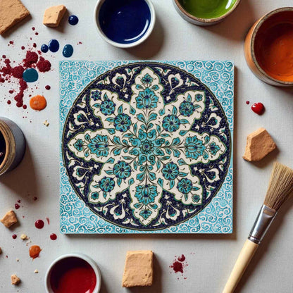 Decorative ceramic tile with intricate blue and white pattern on a table with paint containers and tools