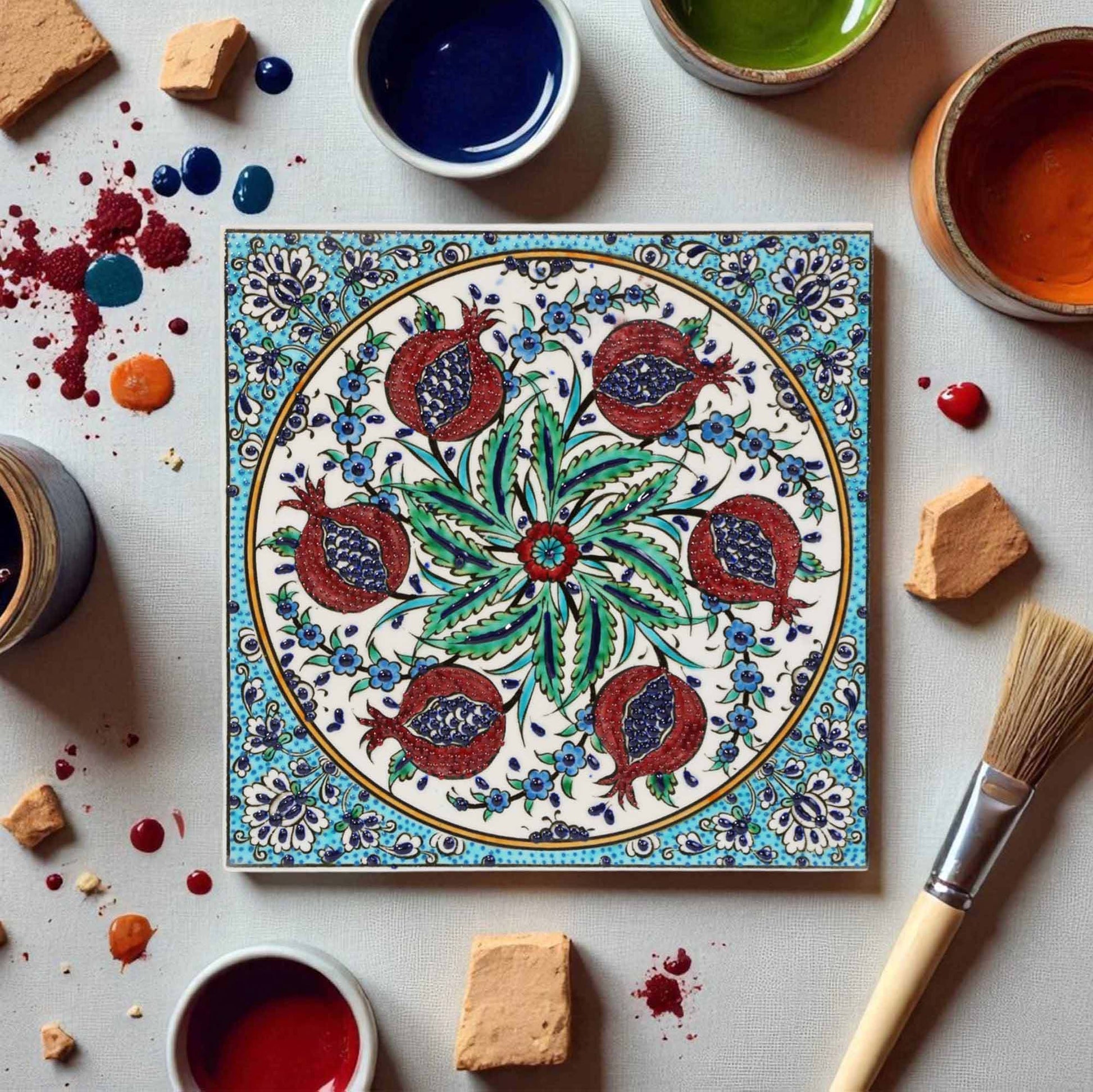 Decorative ceramic tile with pomegranate design surrounded by painting supplies on a light surface