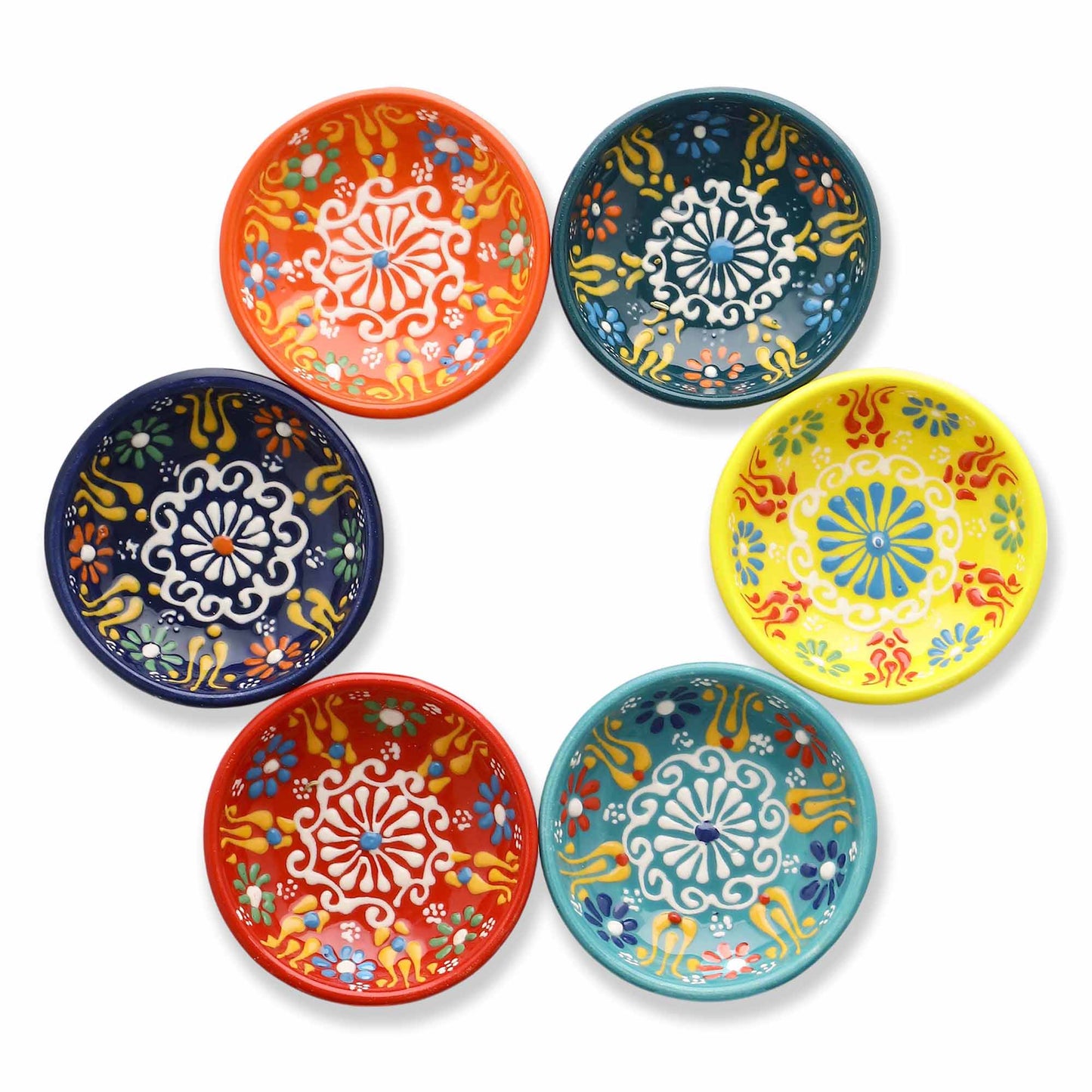 Set of six colorful ceramic bolws with intricate patterns on a white background