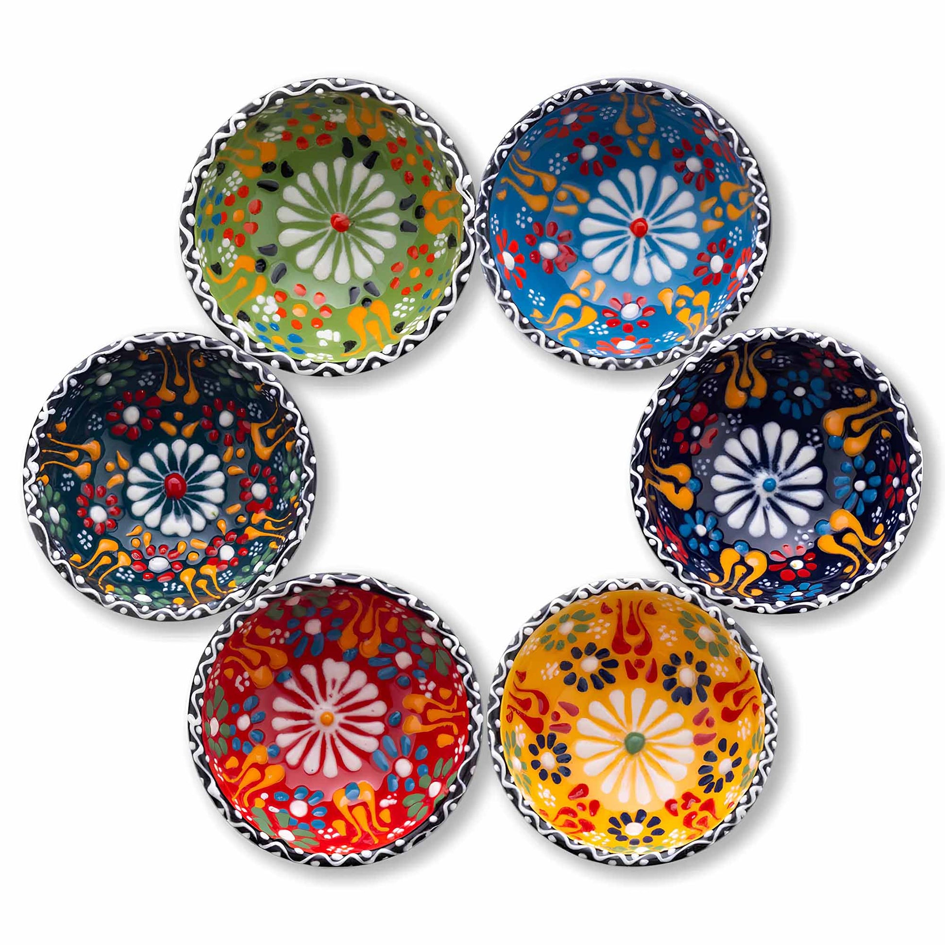 Set of six colorful ceramic dipping bowls with floral patterns on a white background