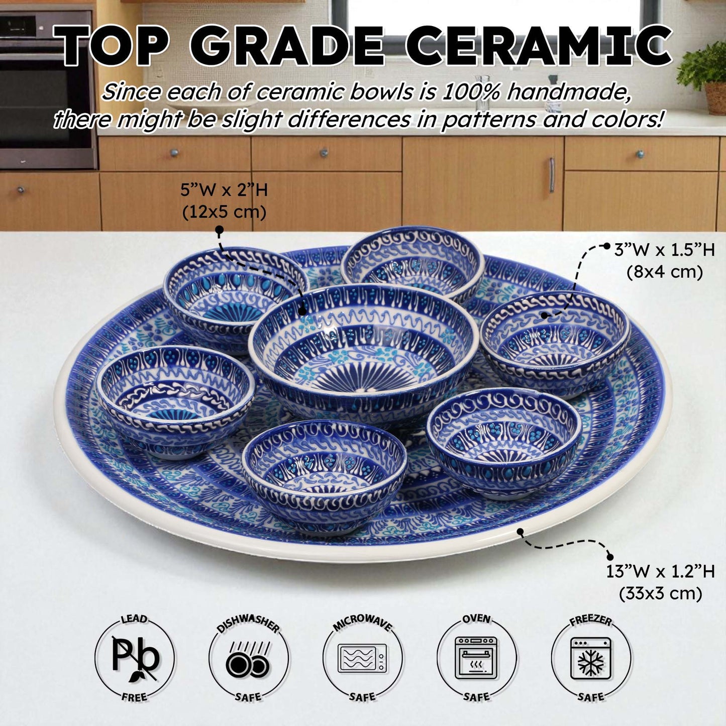 Set of blue ceramic bowls on a white plate with dimensions and safety information displayed.