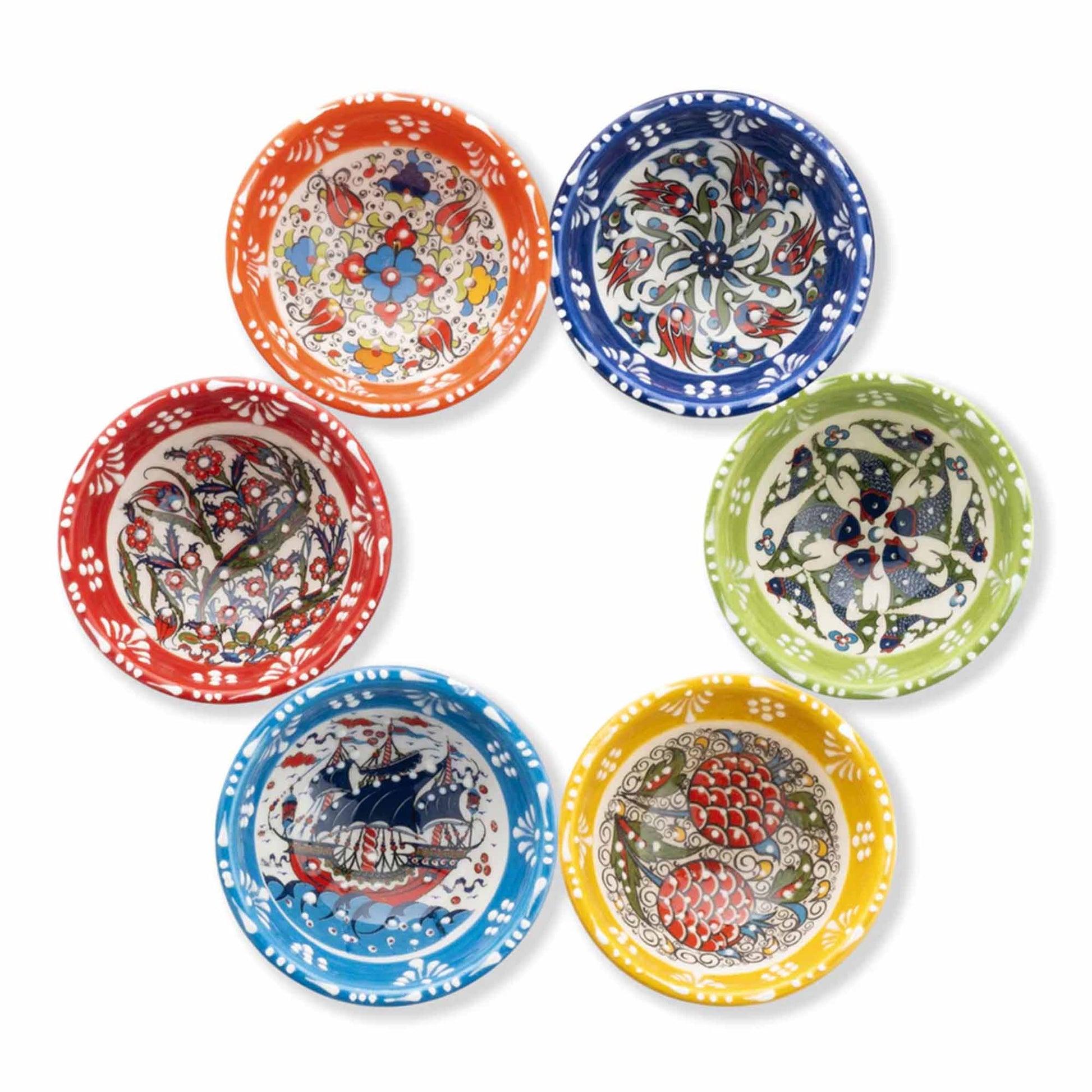 Set of six colorful ceramic dip bowls with intricate patterns on a white background