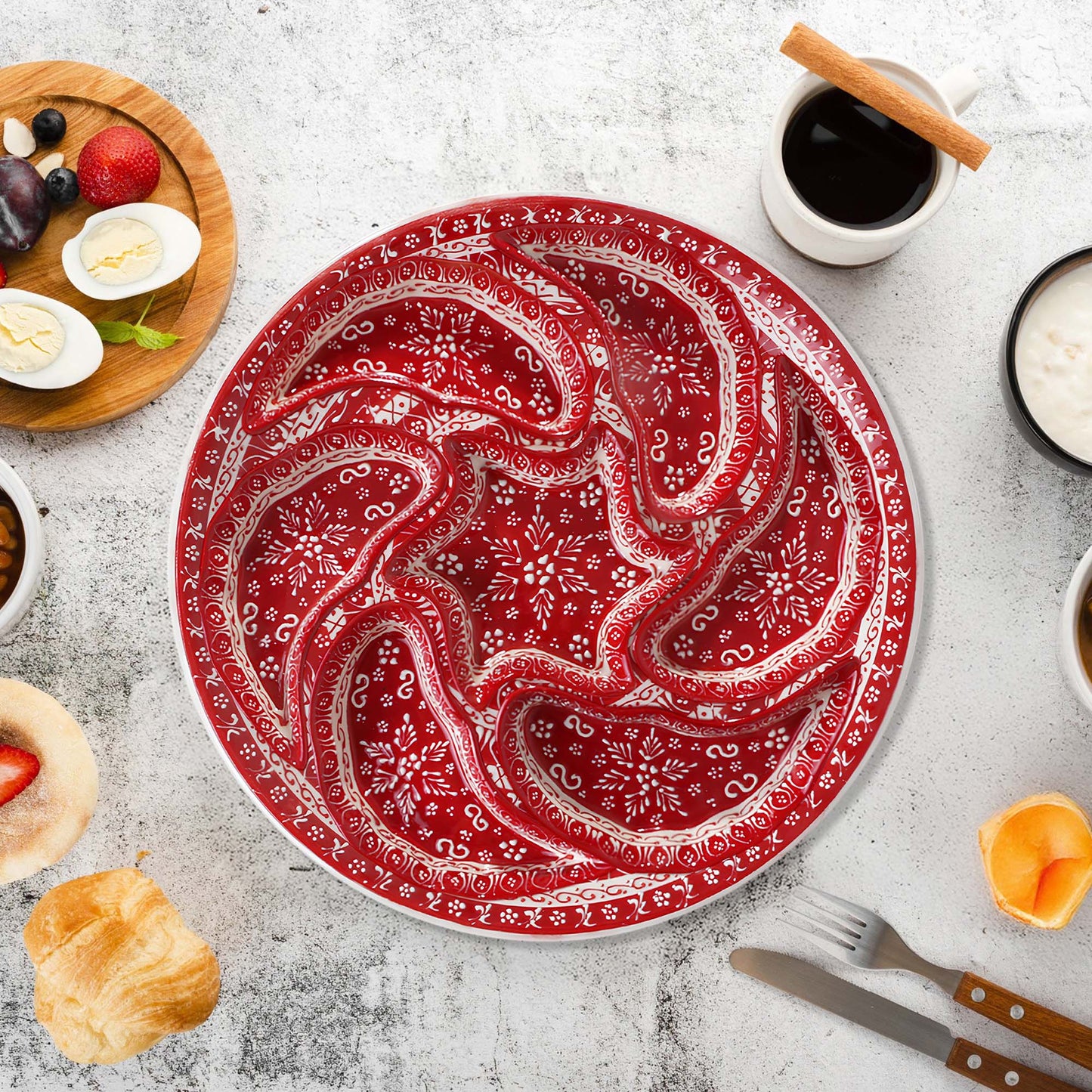 Hand-painted red Turkish ceramic serving tray set, 8-piece platter for snacks, appetizers, dips, and desserts, festive dining table centerpiece