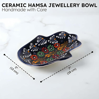 Ceramic Hamsa jewellery bowl with floral patterns and measurements on a white background