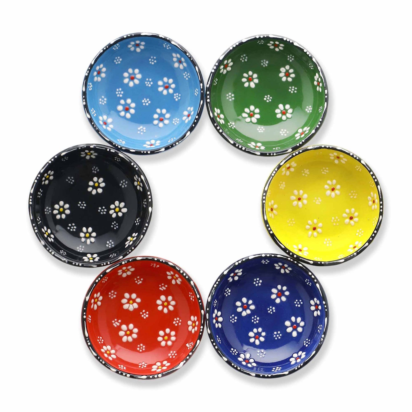 Set of six colorful ceramic bowls with floral patterns on a white background