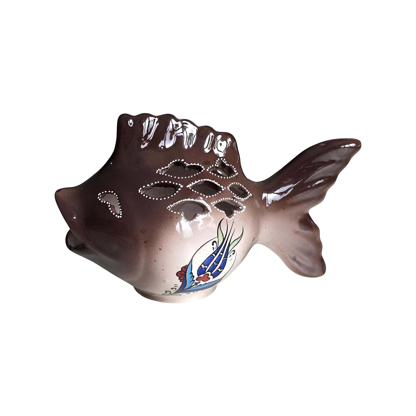 Fish design ceramic tealight candle holder handmade, artisan hand-painted ceramic lantern for home décor, works with real tealight or LED candles