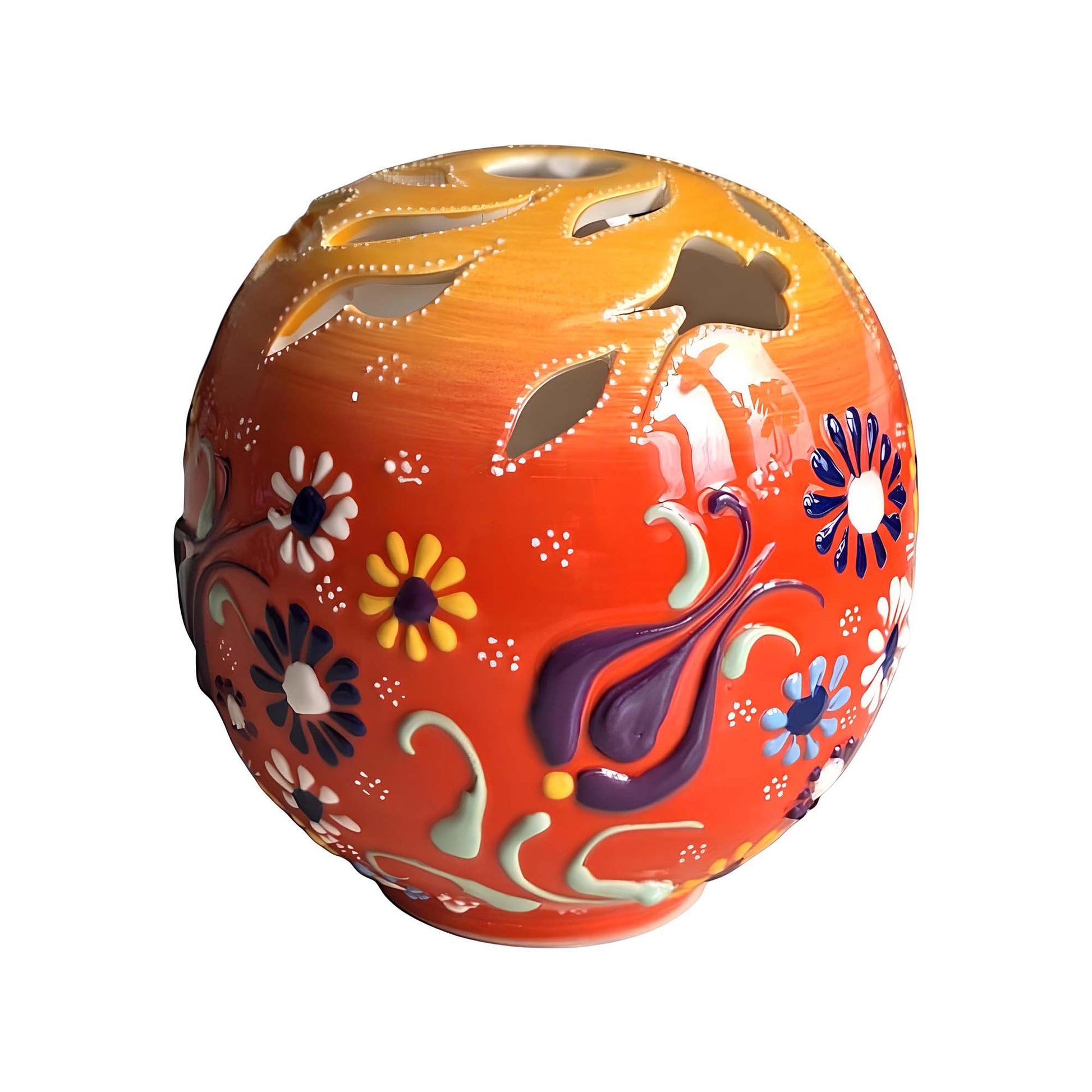 Orb design ceramic tealight candle holder handmade, artisan hand-painted round ceramic lantern for home décor, fits real tealight or LED candles