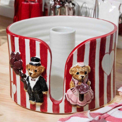 Decorative paper towel holder with teddy bears on a red and white striped background