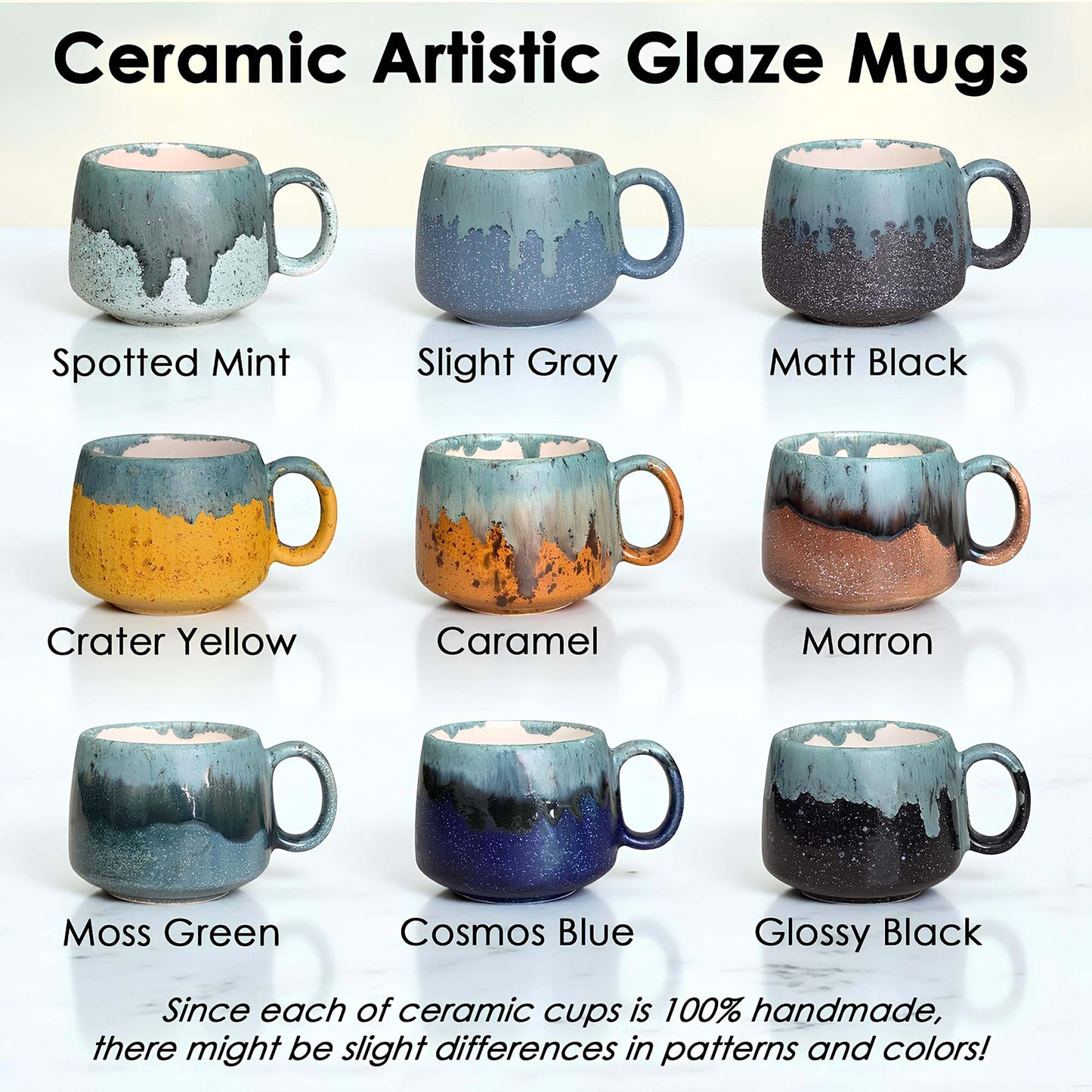 Collection of ceramic mugs with various artistic glaze finishes on a white background.