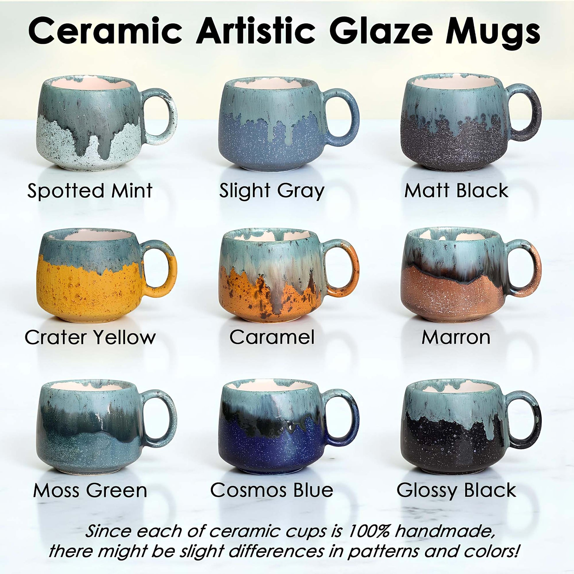 Collection of ceramic mugs with various artistic glaze finishes on a white background.