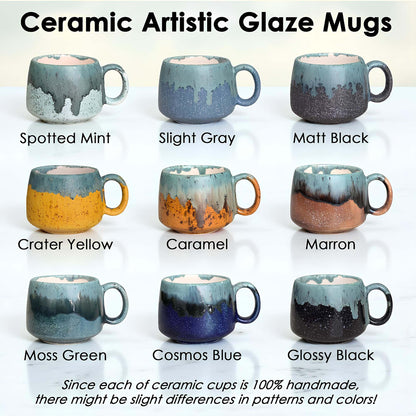 Collection of ceramic mugs with various artistic glaze finishes on a white background.