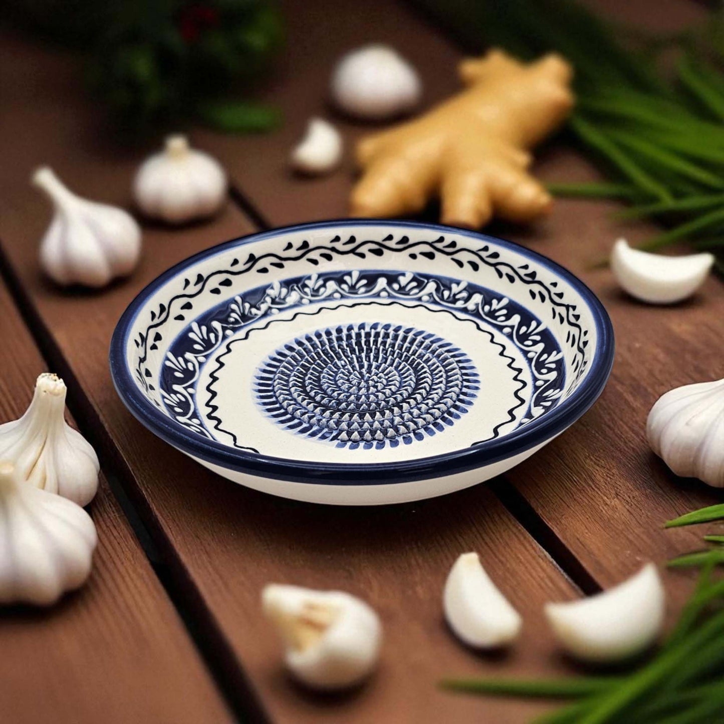 Handmade ceramic garlic grater bowl in Marine Vines design. Large 7” size, perfect for garlic, ginger & spices. Elegant artisan style, dishwasher safe.