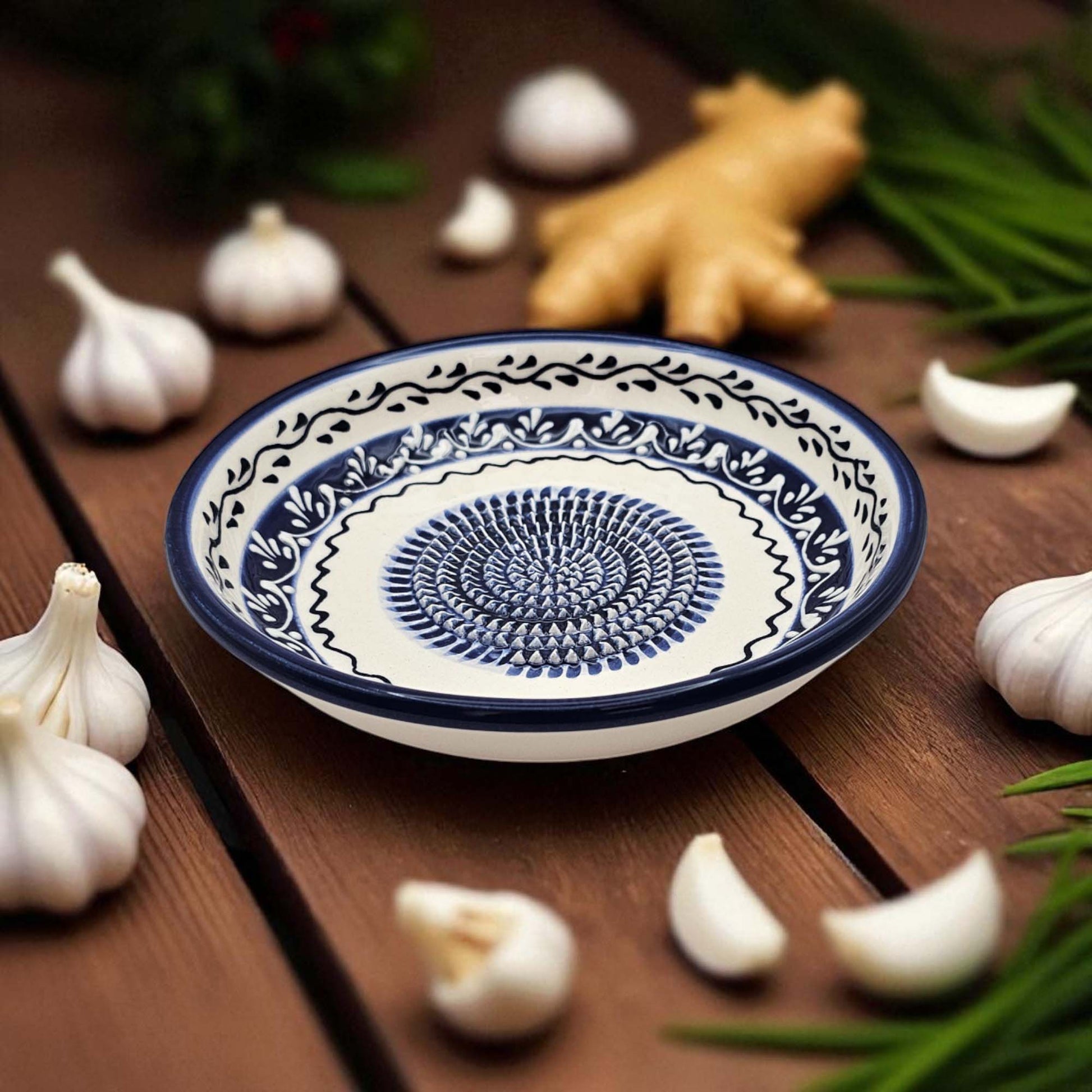 Handmade ceramic garlic grater bowl in Marine Vines design. Large 7” size, perfect for garlic, ginger & spices. Elegant artisan style, dishwasher safe.