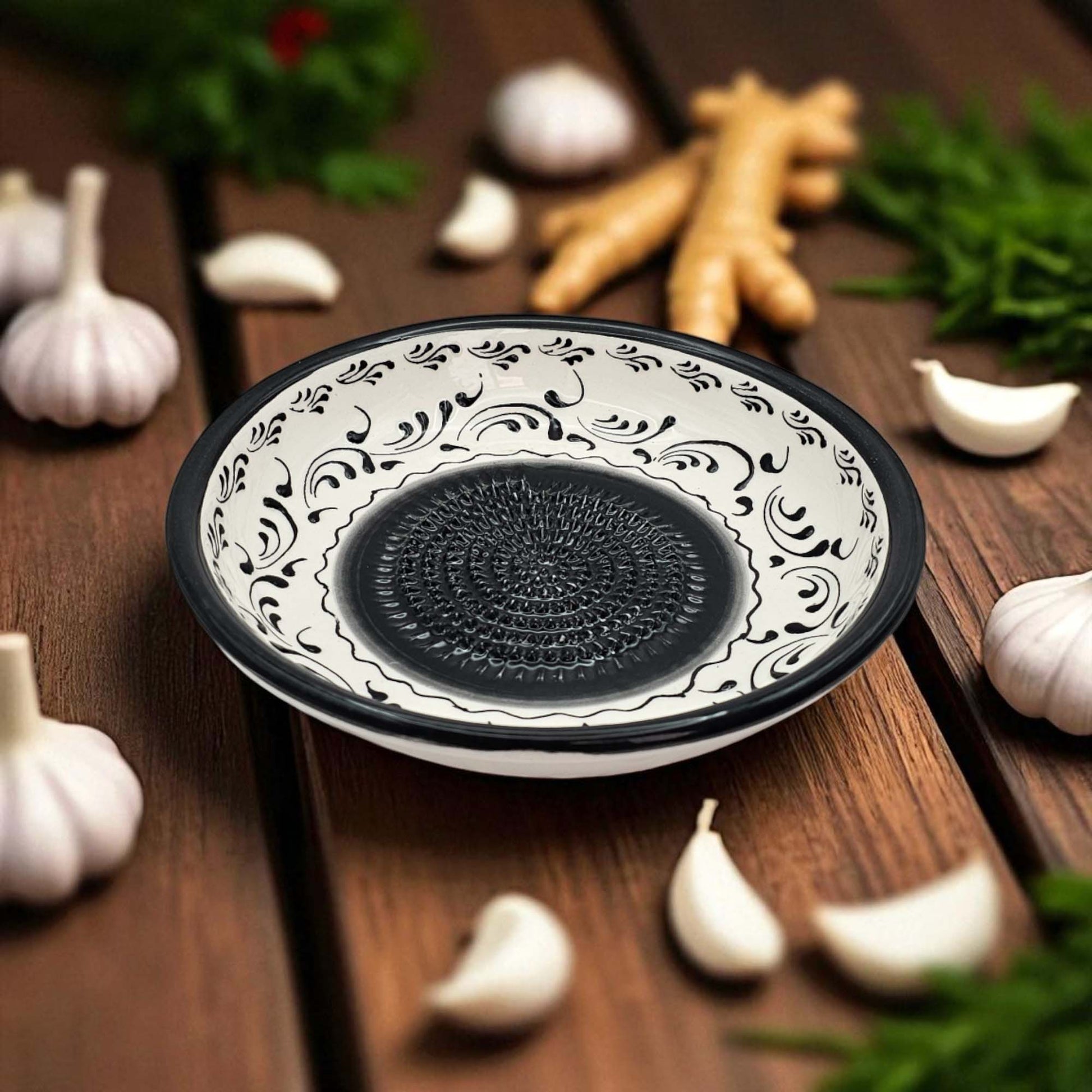 Handmade ceramic garlic grater bowl in Monochrom Swirl design. Large 7” size, perfect for garlic, ginger & spices. Minimalist artisan style, dishwasher safe.