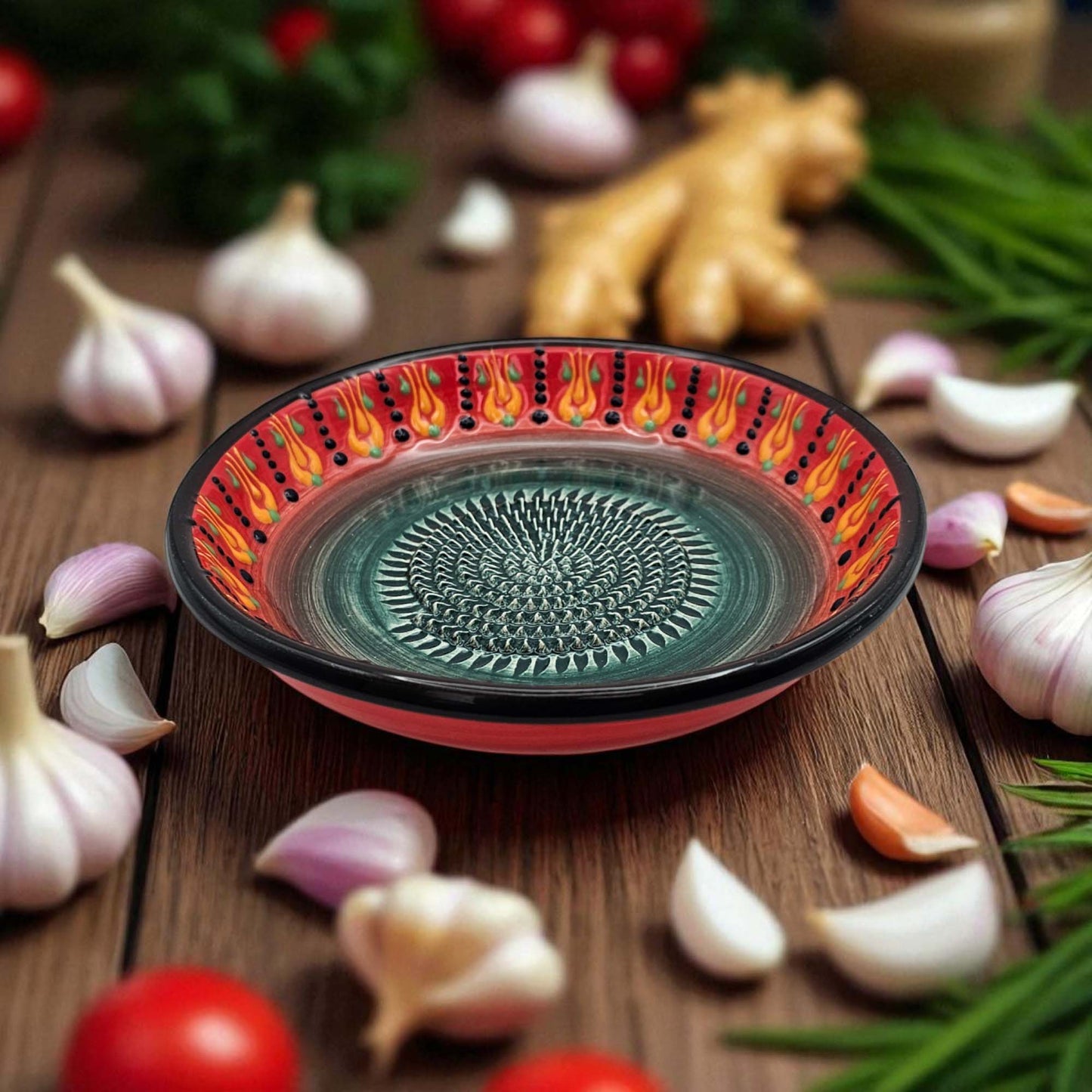 Decorative ceramic garlic grater bowl with a flame pattern on a wooden surface with garlic and tomatoes.