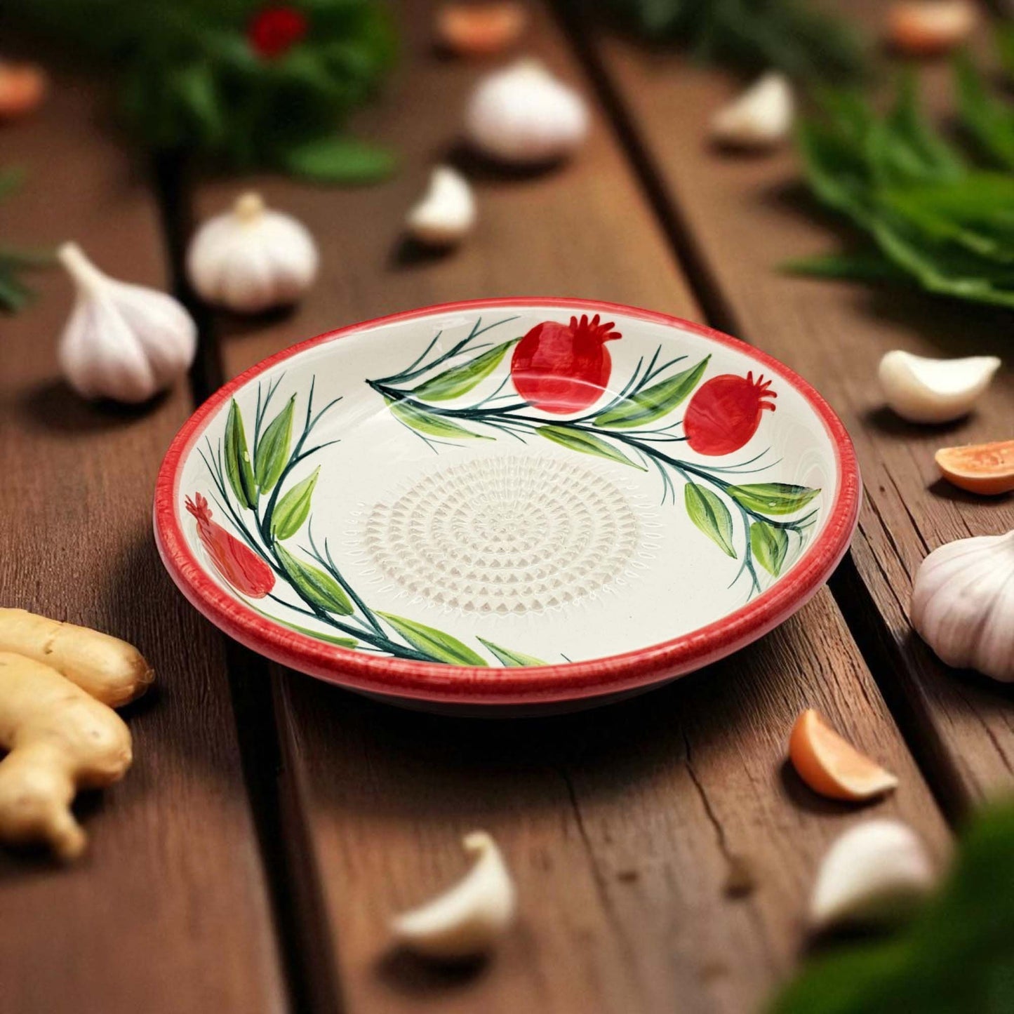 Handmade ceramic garlic grater bowl in Pomegranate Garden design. Large 7” size, perfect for garlic, ginger & spices. Mediterranean artistry, dishwasher safe.